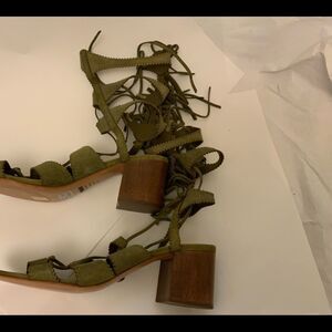 Schutz Heel Block Strap Ankle suede Green laces Shoes Women’s Sz 10.5